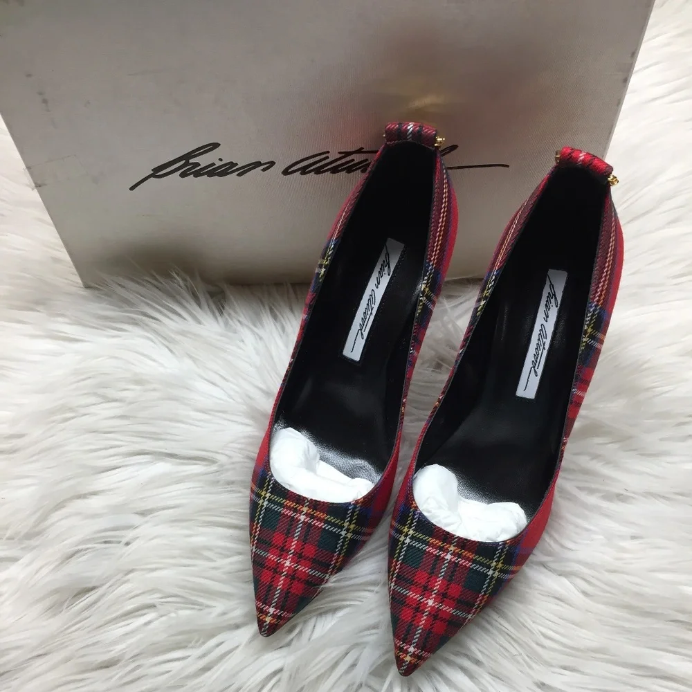 Brian Atwood Red Plaid Heels - Picture 1 of 8